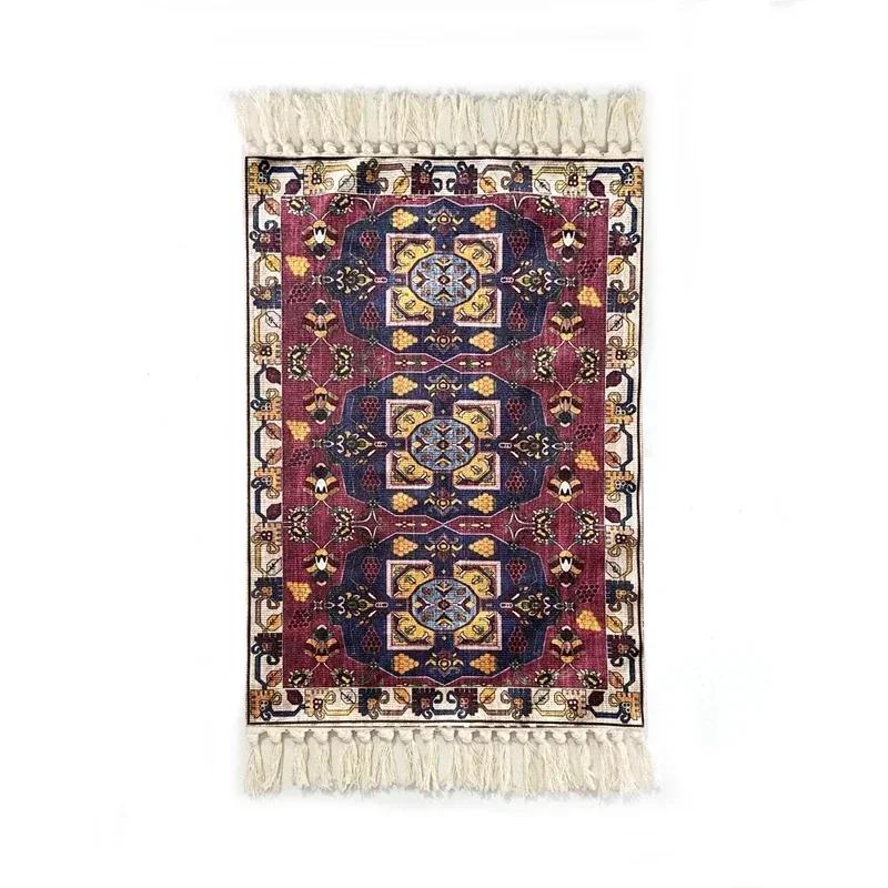 Persian Style Hand-Knotted Floor Mat With Tassels Retro Ethnic Geometric Printed Area Rugs Kitchen Bedroom Bath Non-Slip Carpet