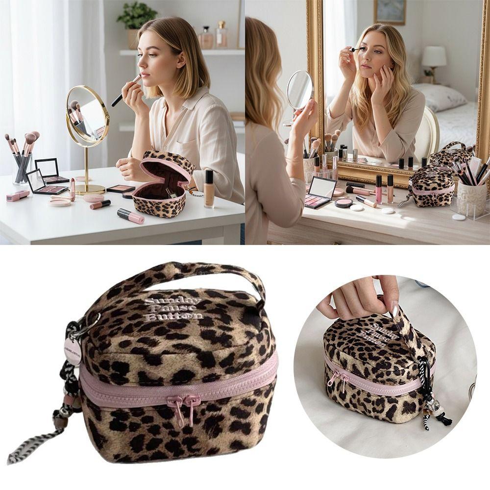 Waterproof Leopard Print Square Storage Box Handheld Zipper Design Makeup Bag Storage Case Home Travel Cosmetic Bags & Cases