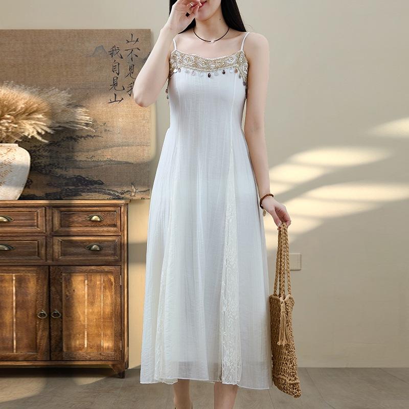 

Bohemian seaside vacation style retro lace splicing suspender dress women s summer thin and high temperament long dress 2XL абрикосовий