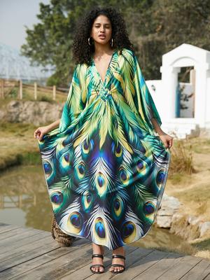 Green Bohemian Women's Kaftan Relaxed Long Dress Swimsuit cover-up House robe Moo Moo Dress Lounge around Beach Wear Q1634