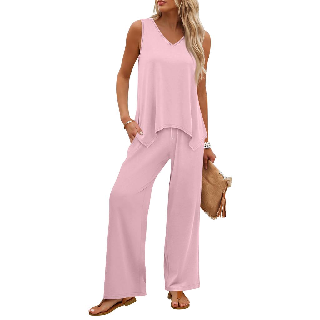 Women Sleeveless Tank Top and Wide Leg Pants Two Piece Set Casual Lounge Wear Travel Vacation Outfit Soft Fabric Relaxed Fit