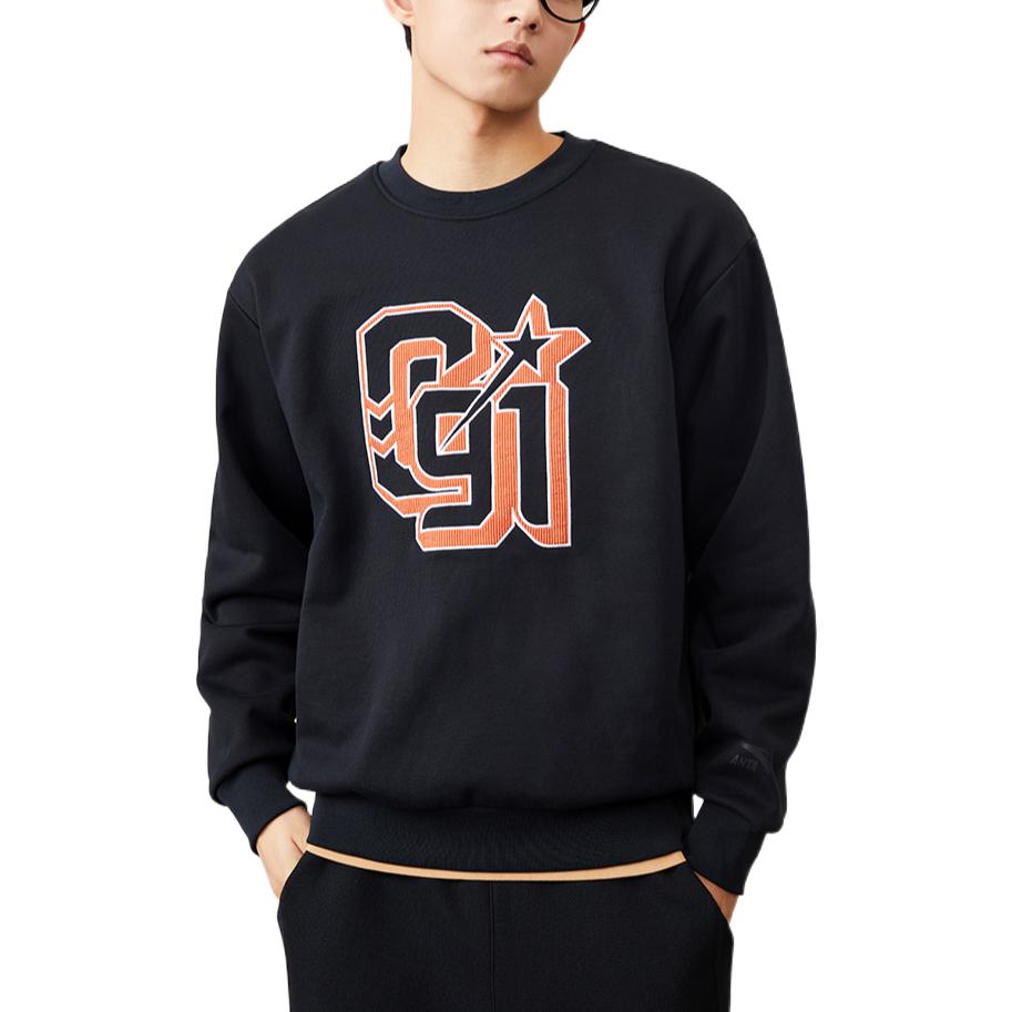 Anta Solid Color Logo Print Fleece-Lined Pullover Sweatshirt Unisex Tops Black 152248725-4