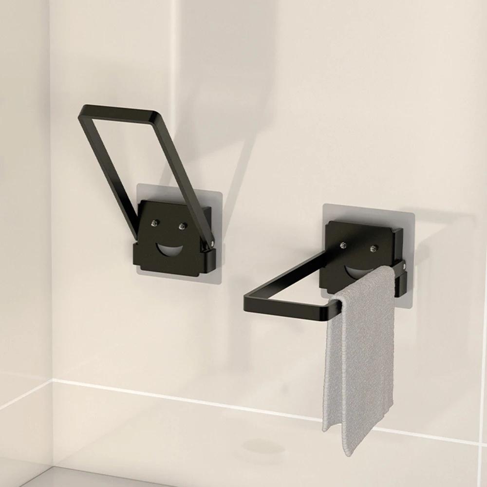 Self Adhesive Bathroom Towel Holder Toilet Towel Rack Wall Mounted Kitchen Shelf 90° Folding Towel Bar No Drill 18/25/33/43CM
