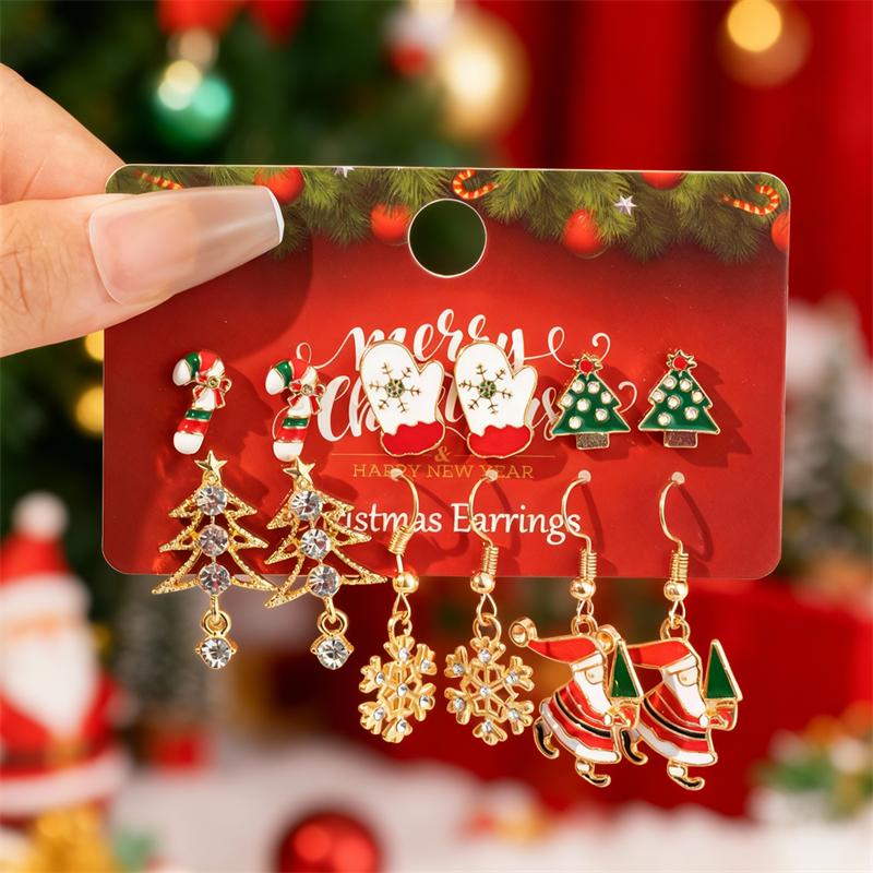 Cute Christmas Gingerbread Snowflake Earrings Set for Women 12 pcs Santa Claus Christmas Tree Bell Earrings New Year Jewelry