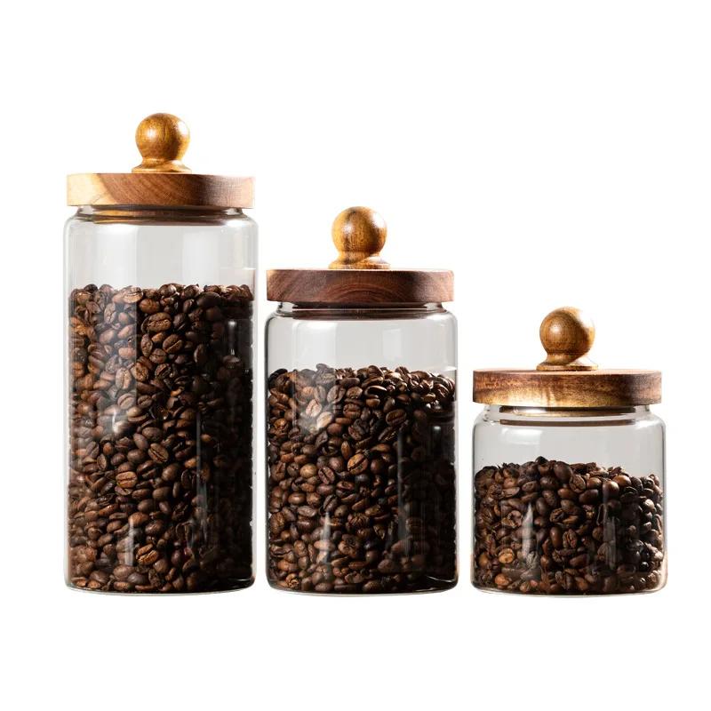 Glass Sealed Jar Spice Grains Large Dust-proof Storage Acacia Wood Cover Food Coffee Moisture-proof Storage