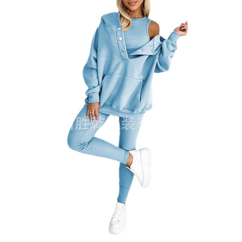1116 European and American new women's clothing sports and leisure hooded pocket sweater threaded slim trousers set