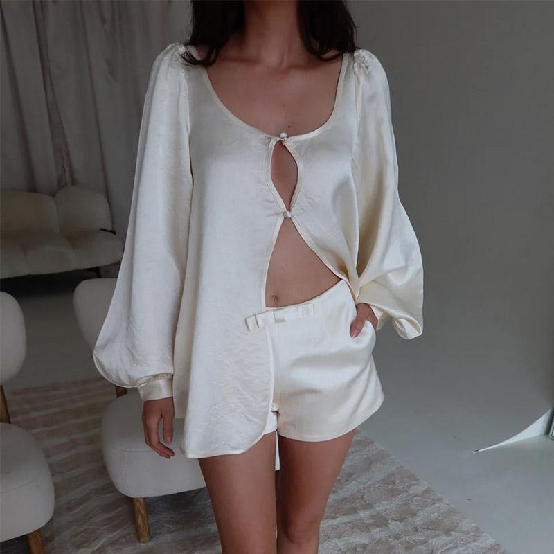 

Ретро-рубашка с короткими рукавами, женский комплект, свободные повседневные шелковые однобортные рубашки, эластичные брюки, комплекты, женские шикарные наряды L абрикосовый