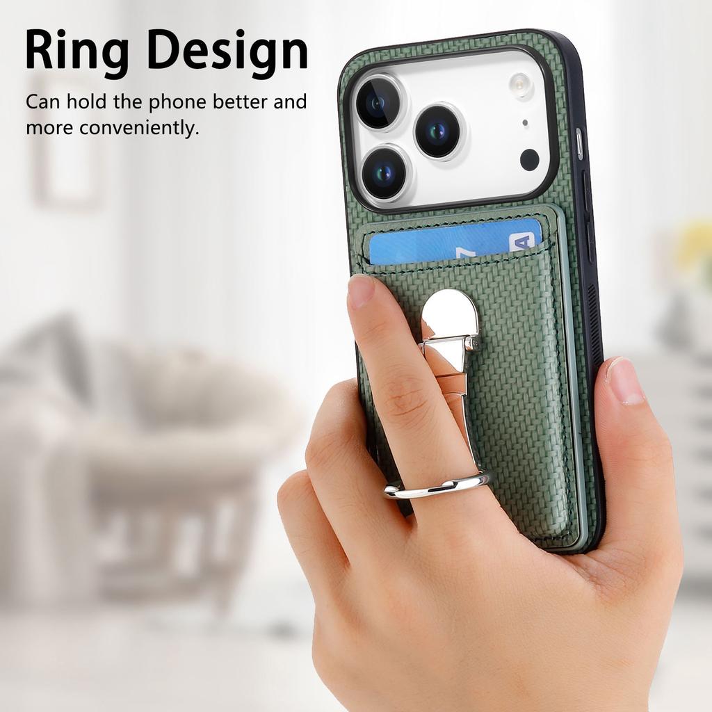 For iPhone 17 Pro Leather Phone Back Cover with Kickstand and Card Slots Carbon Fiber Texture