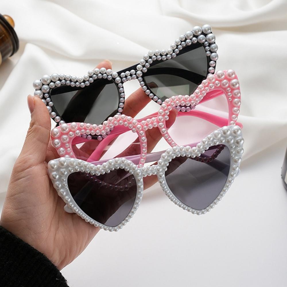 Fashion Pearl Love Heart Sunglasses Women's Large Frame Bling Glasses Wedding Party Decorative Sunglasses Y2K Couple Sun Glasses