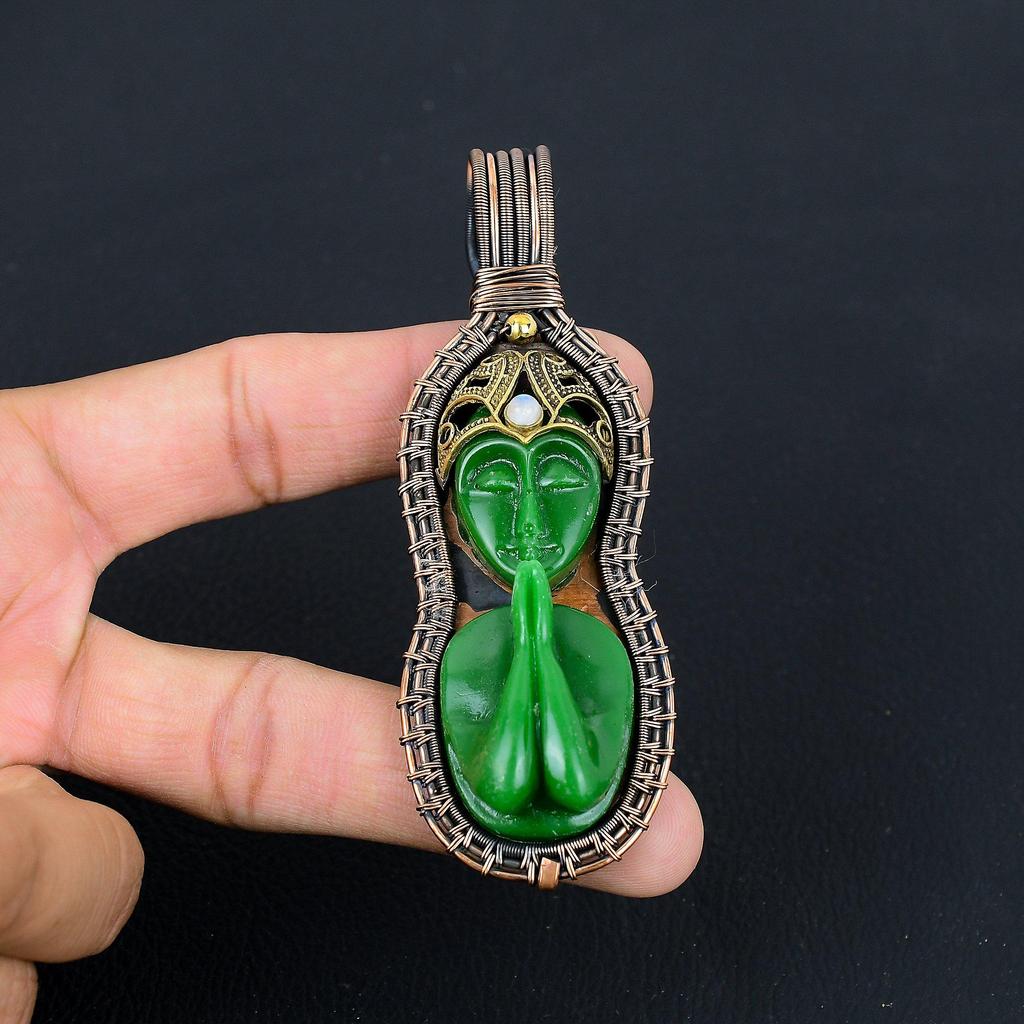 Green Praying Lady Gemstone Pure Copper Wire Wrapped Handmade Pendant Jewelry