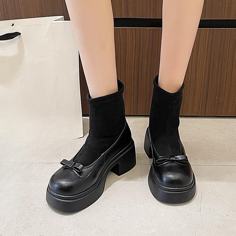 

Small Stretch Skinny Women New Round Toe Bow Platform Rear Zipper Heightened Booties for Adult Women 40