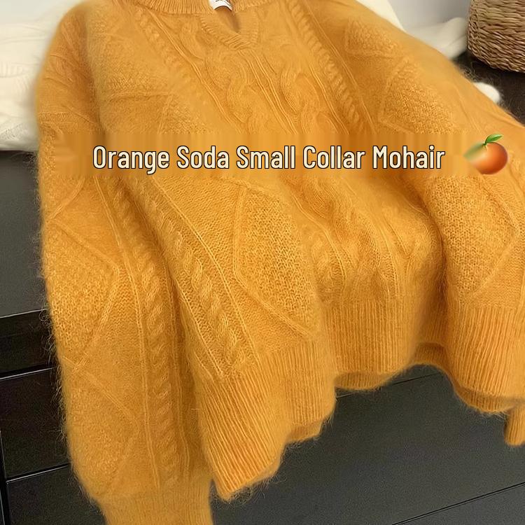 Women's Thickened Mohair Wool Cable Knit Pullover Sweater - Orange Collar, Soft & Cozy for Autumn/Winter