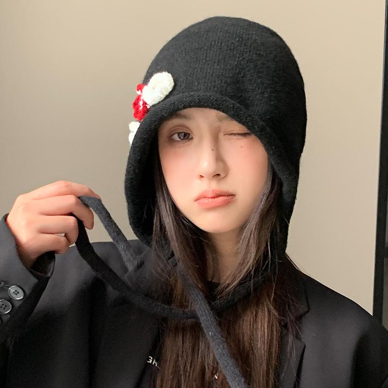 Japanese Style Ear Protection Tie Hat - Women's Windproof, Warm Slouchy Beanie with Floral Wrap for Autumn and Winter