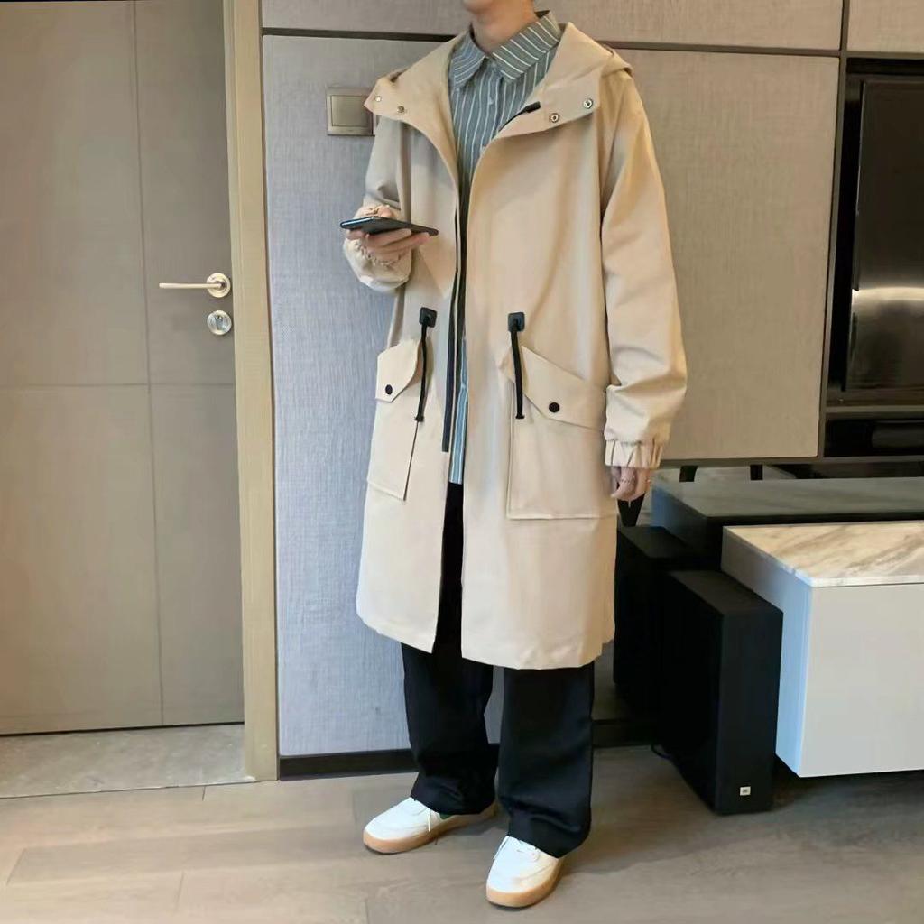 Jarní a podzimní mládežnická větrovka pánská ve stylu Hongkongu středně dlouhá ležérní s kapucí korejská edice trendy pánský kabát