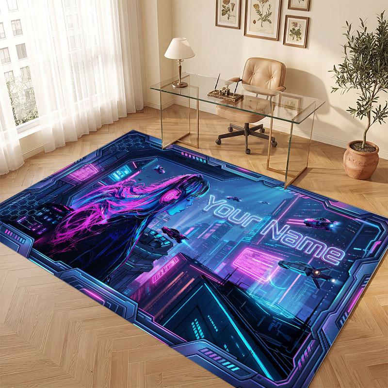City Cyberpunk Theme Crystal Velvet Floor Rug Personalized Custom Name Text Warm Carpet Home Decoration