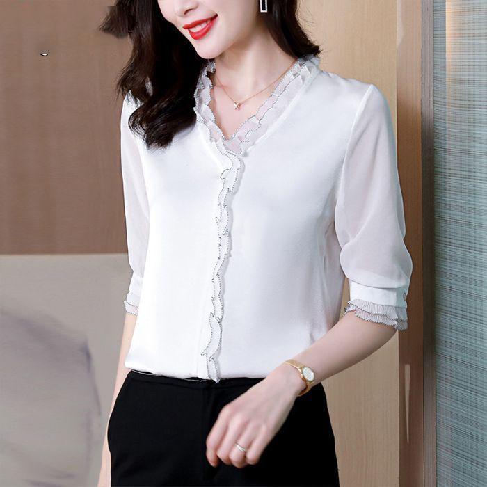 Elegant Women Chiffon Shirt Korean Blouse Office Lace Mesh Long Sleeve Ruffles V NeckTops Casual Vintage Pullovers Blusas