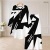 Women Plus Size Two Piece Set Round Neck Long Sleeve Black White Printed High Low Top Wide Leg Pants