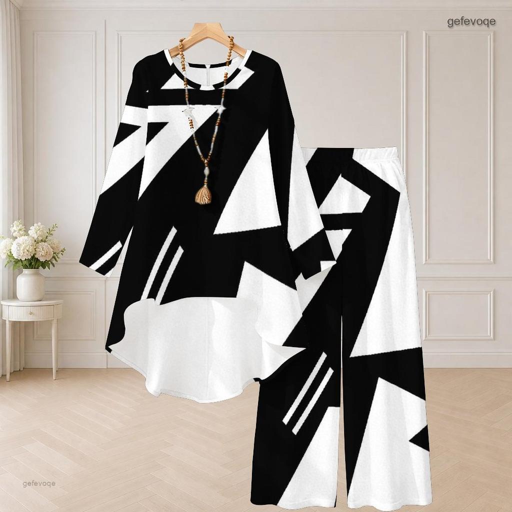 Women Plus Size Two Piece Set Round Neck Long Sleeve Black White Printed High Low Top Wide Leg Pants
