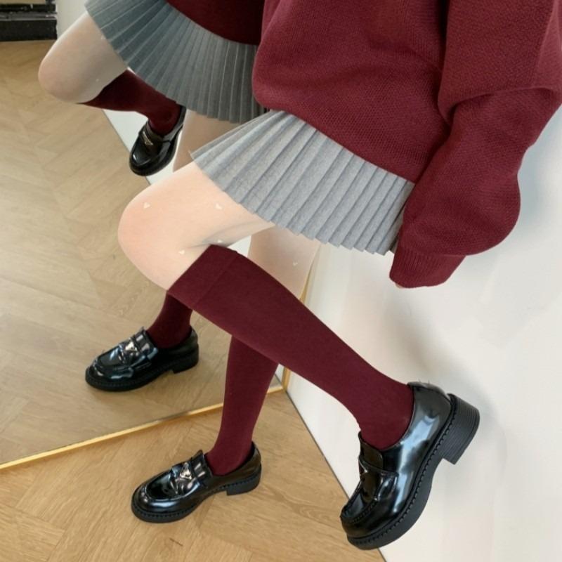 

White Socks Women s Solid Color Seamless Cotton Knitted Stockings Autumn/Spring Knee High Sock JK Retro Long Compression Socks EU 34-39 вино красного