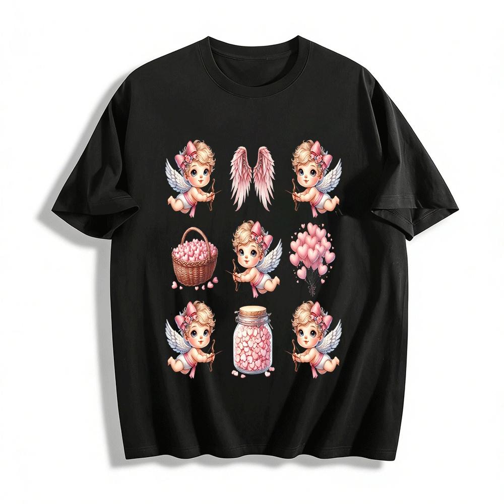 Cupid Heart Print Sweet Valentine s Day Themed Couple Tops Pure cotton T-shirt XXS
