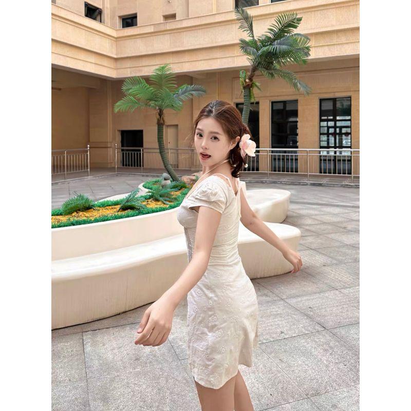 Heart Sweet Pear Super Nice Gentle Temperament Lace-up Short dress Fake Two Pieces Lace Edge Waist Hugging Slimming A Word Dress