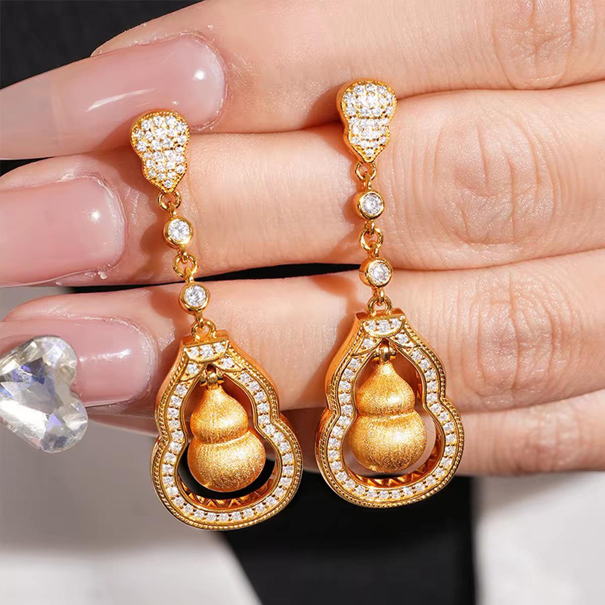 2026 Brushed Gold Gourd Earrings, Earrings, Earrings, National Style New Chinese Jewelry Women, Noble Diamond-set Jewelry
