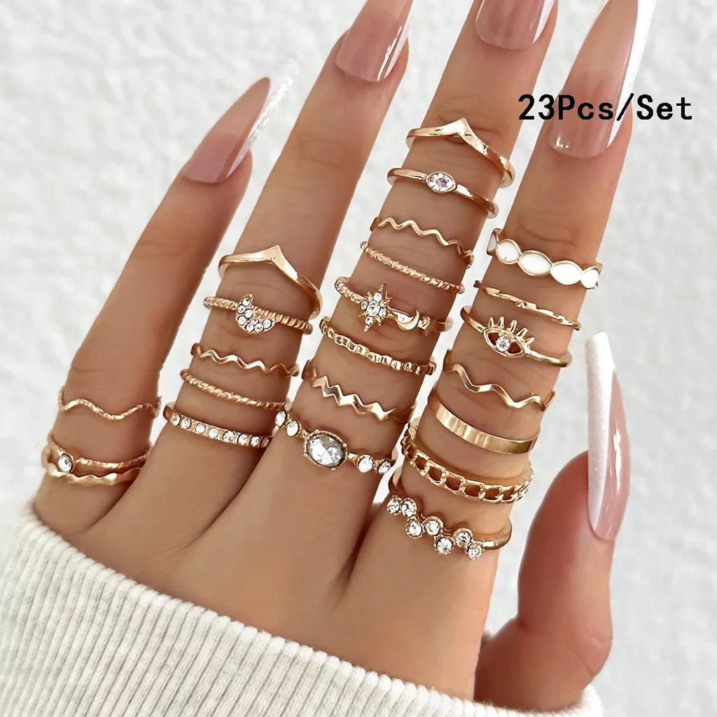 22Pcs Bohemian Geometric Knuckle Rings Set For Women Gold Silver Color Star Heart Crystal Finger Ring Girl Fashion Party Jewelry