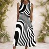 Women Plus Size Round Neck Sleeveless Black White Striped Printed A Line Long Dress With Pockets