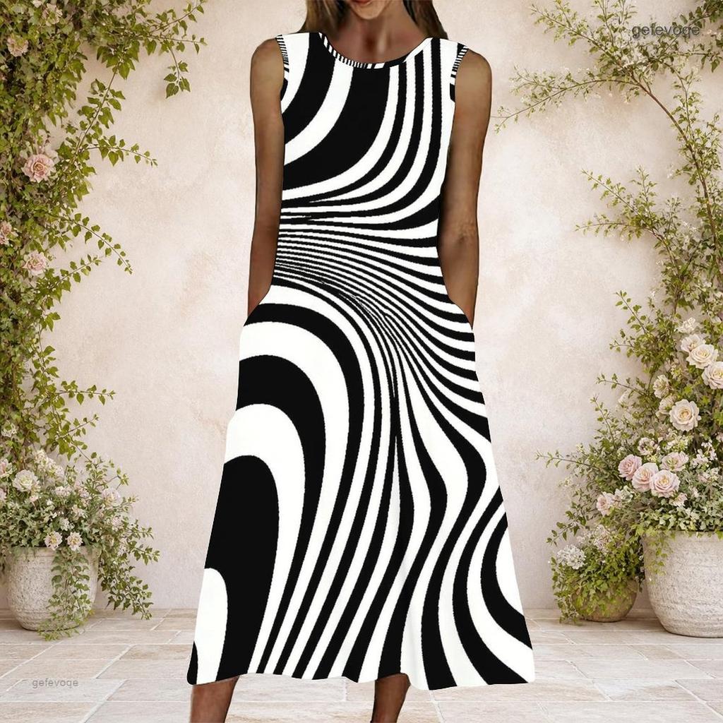 Women Plus Size Round Neck Sleeveless Black White Striped Printed A Line Long Dress With Pockets