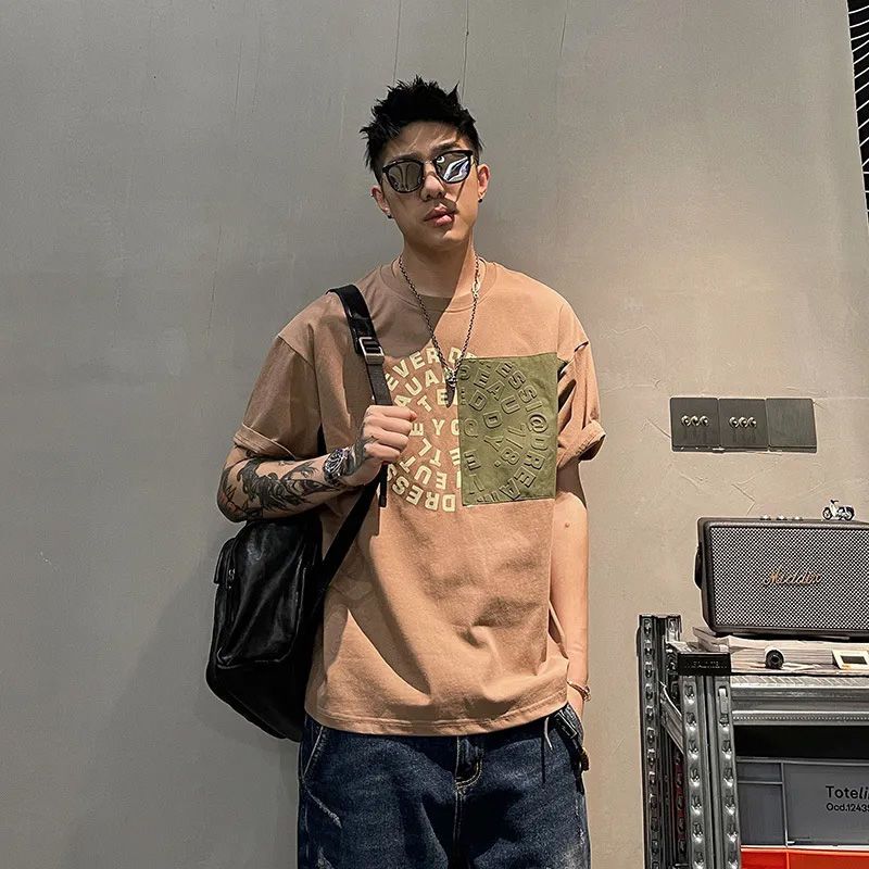 

Корейские универсальные новинки моды весна-лето мужская одежда 2023 надпись свободный круглый вырез короткий рукав повседневные удобные футболки L хаки