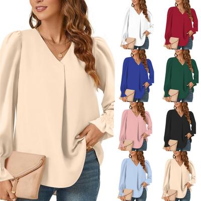 V-neck Pullover Shirt for Women Solid Long Sleeve Ruffled Loose Shirt Casual Fashion Elegant Work Long Sleeve Breathable Lightweight Soft Top