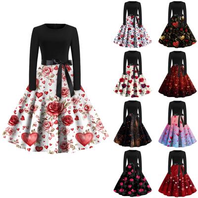 Women's Printed Round Neck Big Hem  Skirt Pleated Skirt Long Sleeved Dress Dress