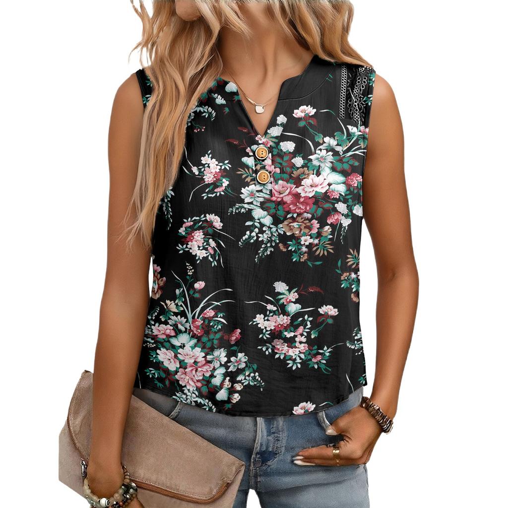 Women's Casual, Loose-Fitting, Printed, Sleeveless Linen Blouse