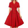 Women's Short Sleeve Color Vintage Lapel Dress With Large Swing Skirt