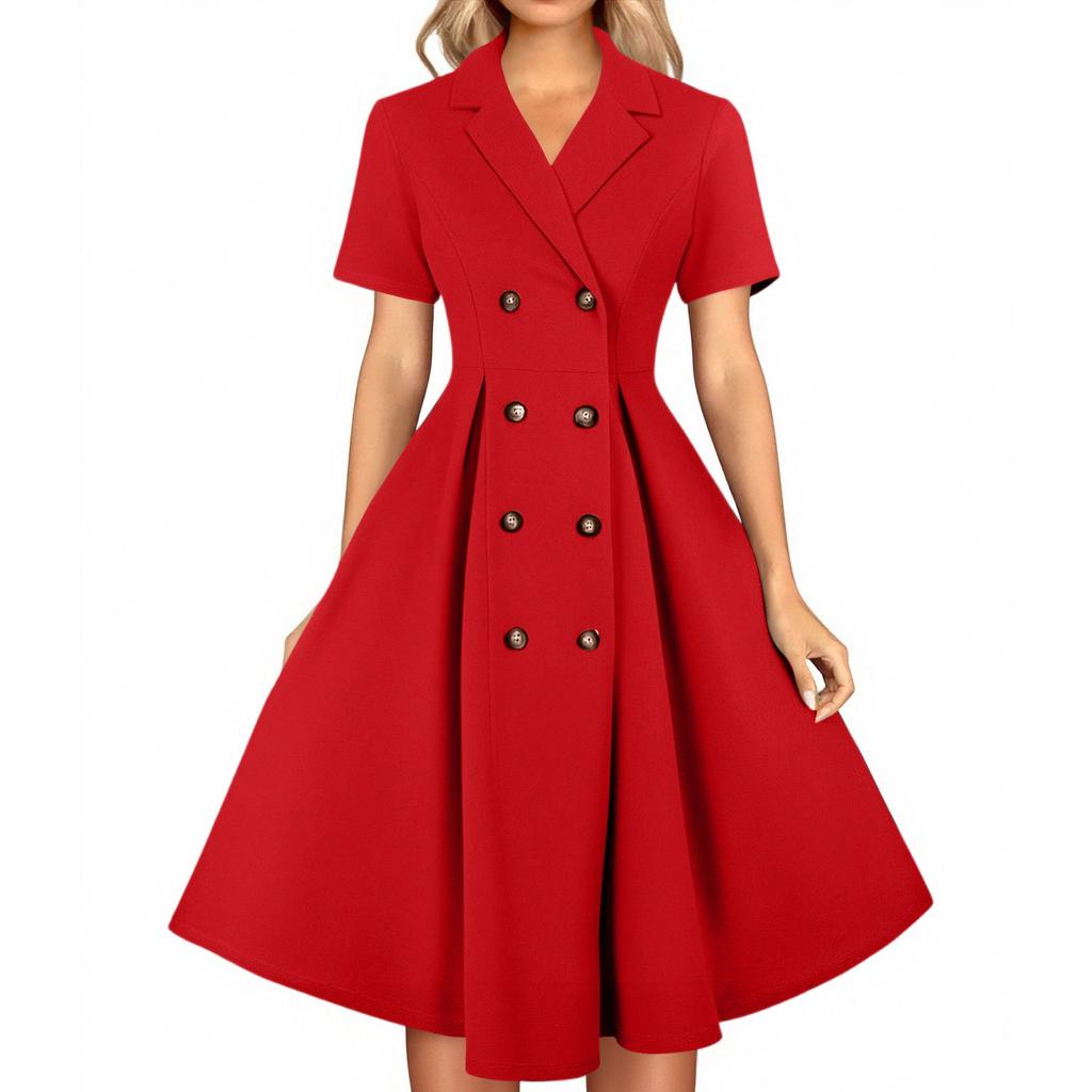 Women's Short Sleeve Color Vintage Lapel Dress With Large Swing Skirt