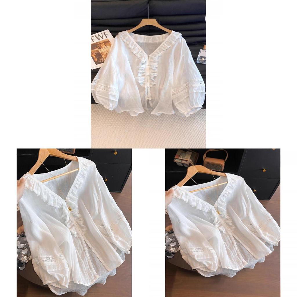 Summer Blouse With Ruffled Lace Trim Vneck Long Sleeve For Women