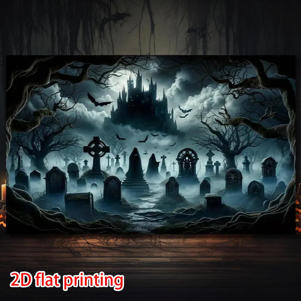 2D flat banner 1 Halloween party background banner eerie cemetery bats terrifying castle.PMJ