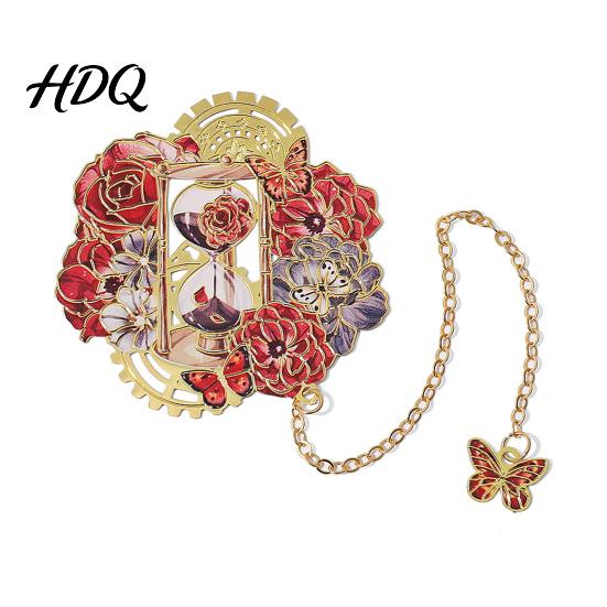 Aesthetic Bookmark Retro Flower Clock with Chain Metal Decorative Book Mark