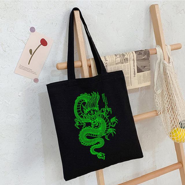 Women Bag Dragon Print Canvas Bag Shopper Bag Harajuku Y2k Large Capacity Punk Gothic Casual Cartoon Women Shoulder Bags Handbag