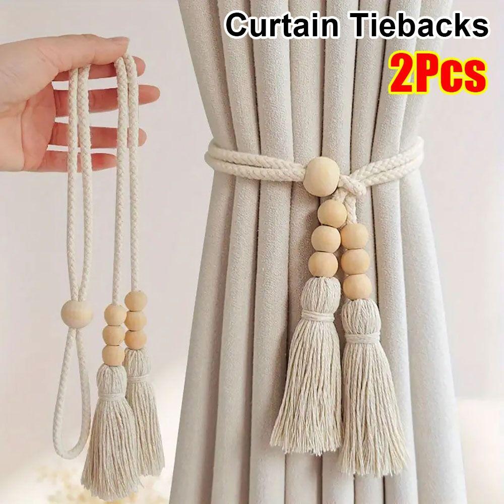 

2Pcs with Tassels Curtain Tying Rope Wooden Bead Curtain Hooks Home Decor Accessories Style 1