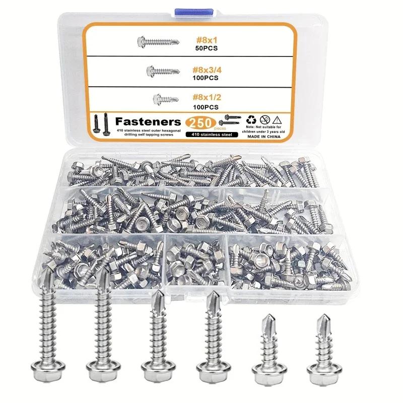 250pcs 410 Stainless Steel Self-Tapping Screws Kit , Hexagonal Self-Drilling Screws for Metal/Furniture