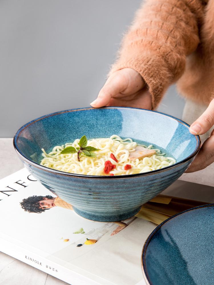 Creative Thread 8-inch ramen kom Huishoudelijke keramische soepkom Retro bamboe hoed kom Commerciële grote eetkom