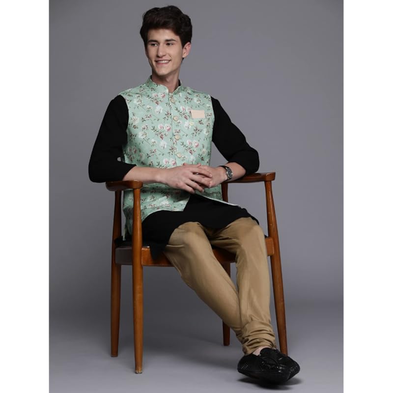 Manyavar Men's Jacket, Nehru Jacket for Men, Ethnic Jacket for Festival, Wedding, Party, Sleevless Jacket Blended Viscos