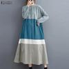 ZANZEA Women Round Neck Long Sleeve Loose Casual Patchwork Long Dress
