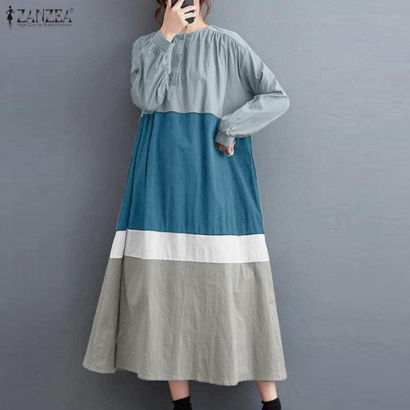 ZANZEA Women Round Neck Long Sleeve Loose Casual Patchwork Long Dress