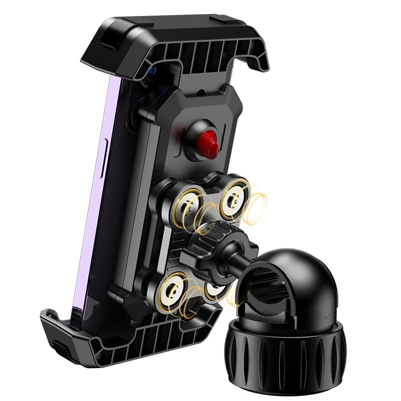 PETFROH Smartphone Holder for Bicycles and Motorcycles, Top and Bottom Clamp Type, One-Touch Lock,