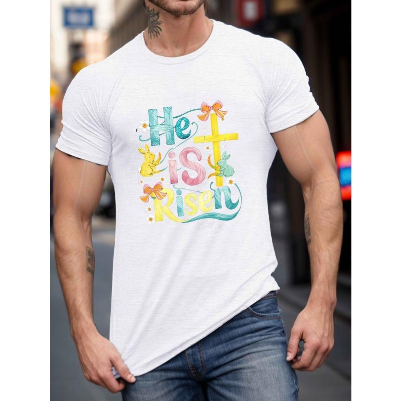

European sizes Men S Easter Bunny Graphic T-Shirt, Crew Neck, Casual Summer Knit Fabric Tee, Regular Fit, Slight Stretch, Geometric Pattern 4XL білий