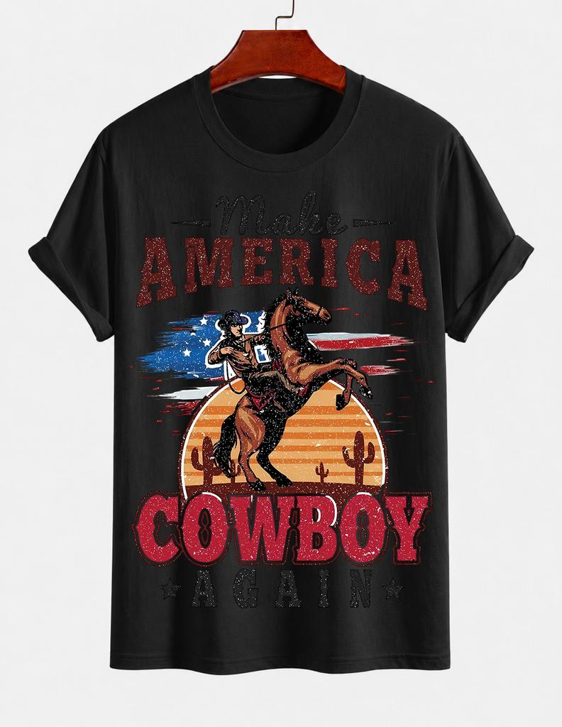 2026 New Pure Cotton Tshirt American Vintage Distressed Denim Horse Riding Print Summer Casual Loose Round Neck Top