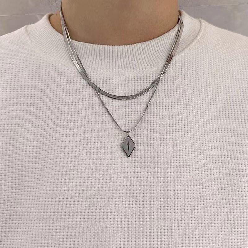 Cold wind simple double layer stacked diamond necklace men's trend light luxury titanium steel collarbone chain women's accessories
