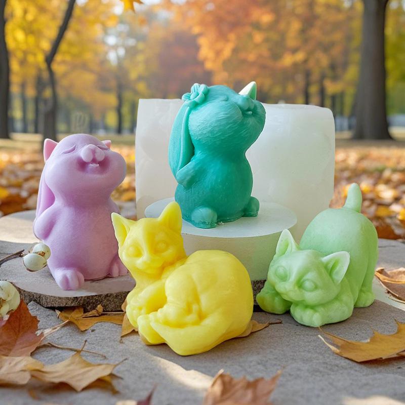 DIY Cartoon Animal Kitten Rabbit Bear Silicone Mold Handmade Aroma Candle Plaster Ornament Mould Soap Epoxy Resin Gypsum Molds